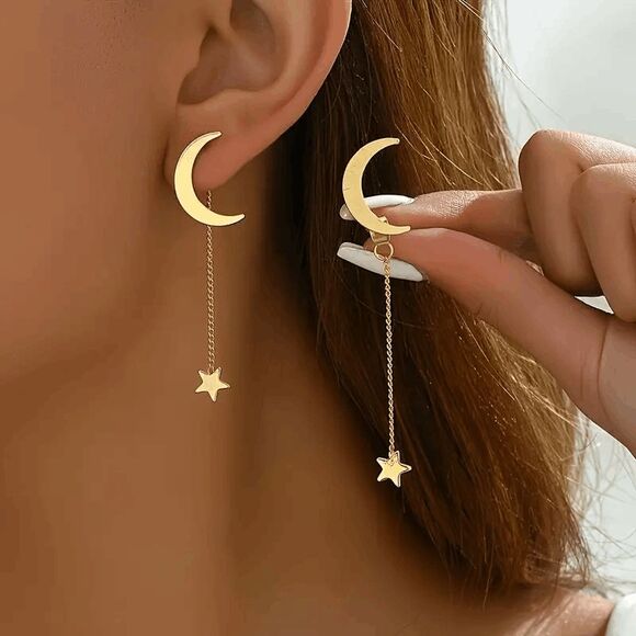 Boho Celestial Moon Star Stud Dangle Earrings - Picture 1 of 2
